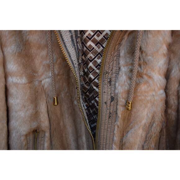 Distressed Juicy Couture Faux Fur Hooded Jacket Beige Brown Size Large - Picture 5 of 7